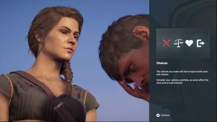 After the fight, the game will show you the mechanics of choices - in this case, you can save the thugs, or kill them - AC Odyssey: So it Begins - Main Storyline - Assassins Creed Odyssey Guide
