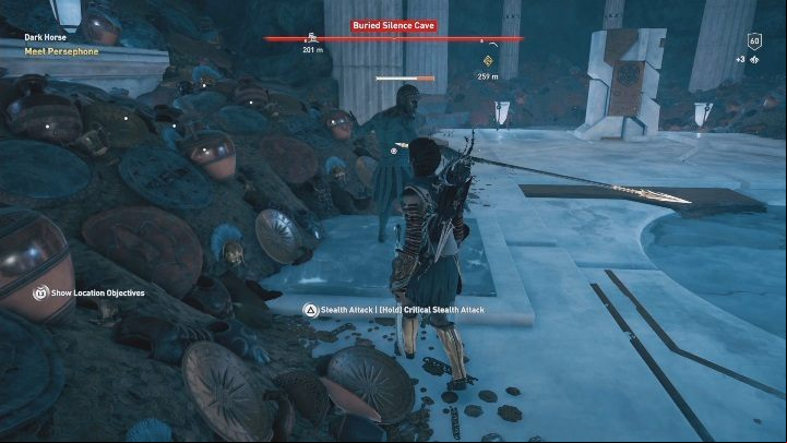 Unfortunately, there are enemies nearby - AC Odyssey Fate of Atlantis: Buried Silence Cave, Perception of Hermes - Perception of Hermes - Assassins Creed Odyssey Guide