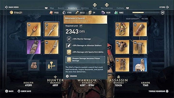 Important note - Bonuses for statistics are calculated for both weapons in active slots - AC Odyssey: Warrior Build - Best builds - Assassins Creed Odyssey Guide