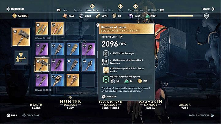 Item stats and type: White weapon, heavy blunt - AC Odyssey: Legendary Chests - Best builds - Assassins Creed Odyssey Guide