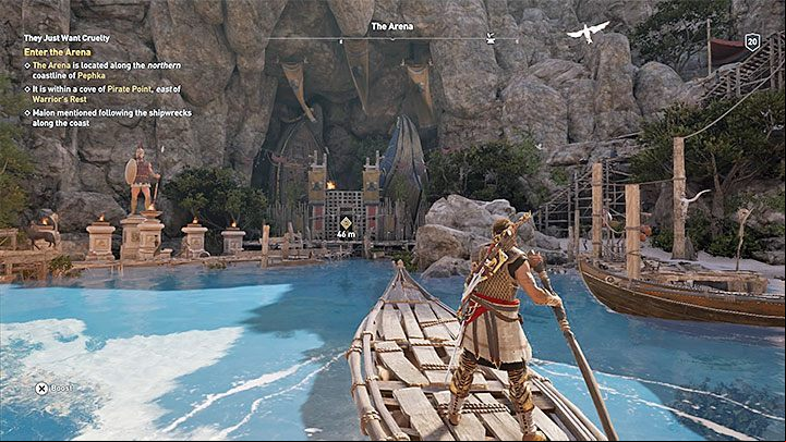 Reach the shore, where Maion left the boat - AC Odyssey: How to get to Arena? How to unlock Arena? - FAQ - Assassins Creed Odyssey Guide