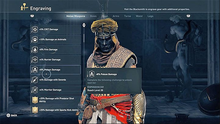 The game will display in a new menu a list of already unlocked engravings, as well as those you havent obtained yet - AC Odyssey: How to get Engravings and how to apply them to weapons and armor? - FAQ - Assassins Creed Odyssey Guide