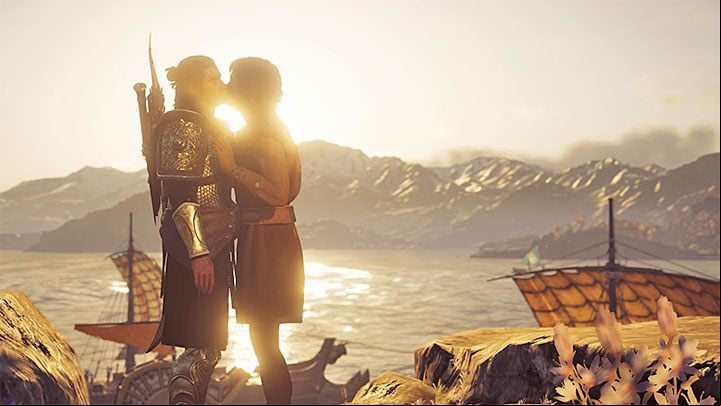 During the last conversation with Mikkos, you can choose a new dialog option with a heart icon - AC Odyssey: Mikkos - Romance - Romances - Assassins Creed Odyssey Guide