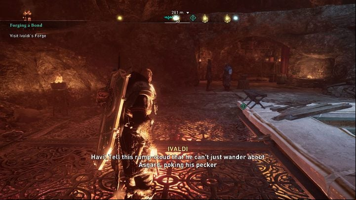 As soon as you enter Ivaldi's forge, you will notice that the Builder has also come to speak with the dwarf, something the latter fellow is clearly not happy about - Assassins Creed Valhalla: Forging a Bond - Asgard - Assassins Creed Valhalla Guide and Walkthrough