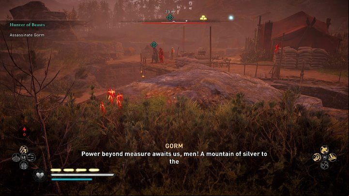 Hide in the bushes, at the location shown in the image above, and wait for Gorm to finish talking to the crystal - Assassins Creed Valhalla: Hunter of Beasts - Vinland - Assassins Creed Valhalla Guide and Walkthrough