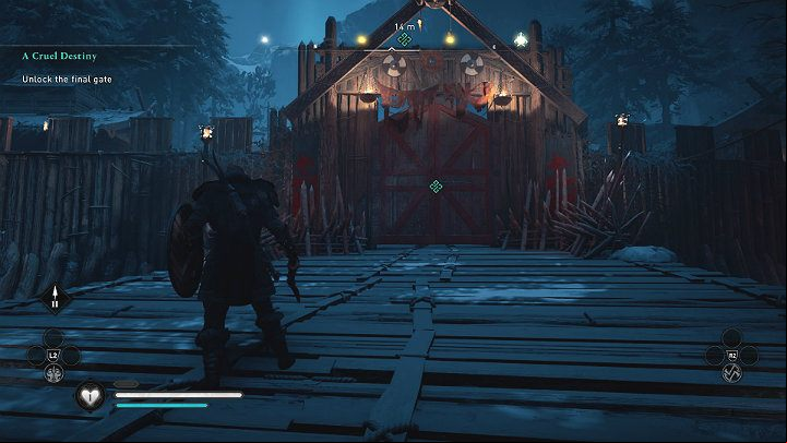 Then climb up the palisade to jump to the other side of the gate - Assassins Creed Valhalla: A Cruel Destiny - Rygjafylke - Assassins Creed Valhalla Guide and Walkthrough