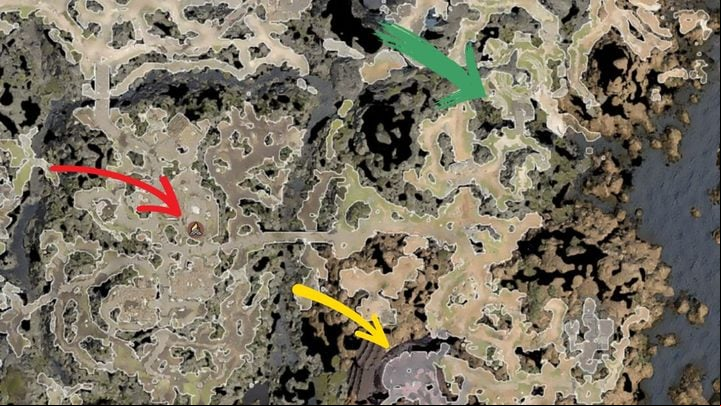 Location of the first Infernal Iron. The red arrow points to the building in the Blighted Village hiding the Infernal Iron. The yellow one points to the beginning of the game (Nautiloid shipwreck) and the green one to the Druid Grove. - Baldurs Gate 3: How to acquire Infernal Iron? - Campaign - Baldurs Gate 3 Guide, Walkthrough