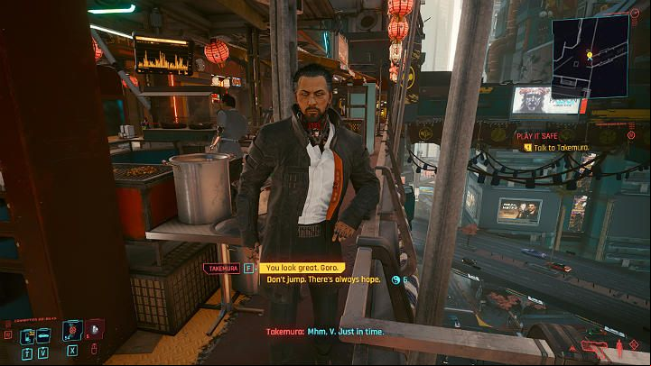 Go to the marketplace in Japantown to talk to Takemura - Cyberpunk 2077: Play It Safe walkthrough - Act 2 - Cyberpunk 2077 Guide