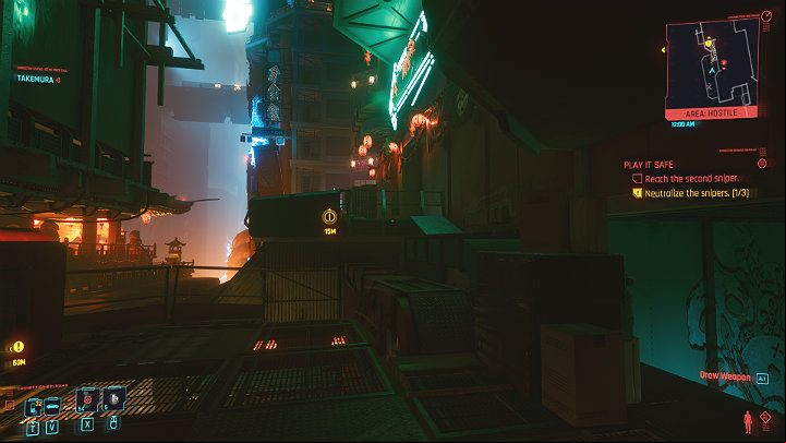 Get off the platform, step back a bit, jump on the balcony on the right, and then enter the elevator - Cyberpunk 2077: Play It Safe walkthrough - Act 2 - Cyberpunk 2077 Guide