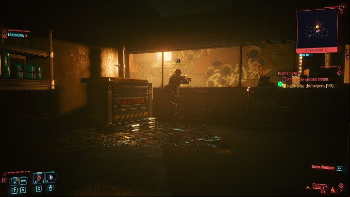 Open the next door, get a second sniper from behind and eliminate him quietly - Cyberpunk 2077: Play It Safe walkthrough - Act 2 - Cyberpunk 2077 Guide