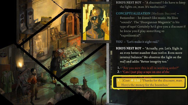 Make your way to the Pawnshop and click on the player that lies on the shelf above the cash - Disco Elysium: Doorgunner Megamix - walkthrough - Motive - Disco Elysium Guide