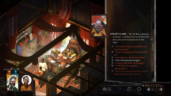 Reaching this character in the port (east end of the city) is described on the page Where is Evrart Claire - Disco Elysium: Track down your gun - walkthrough - Personal - Disco Elysium Guide