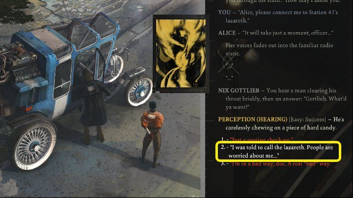 Approach Kim's car, which is in front of the Whirling-In-Rags building and the station 41 - Disco Elysium: Call your stations lazareth - walkthrough - Identity - Disco Elysium Guide