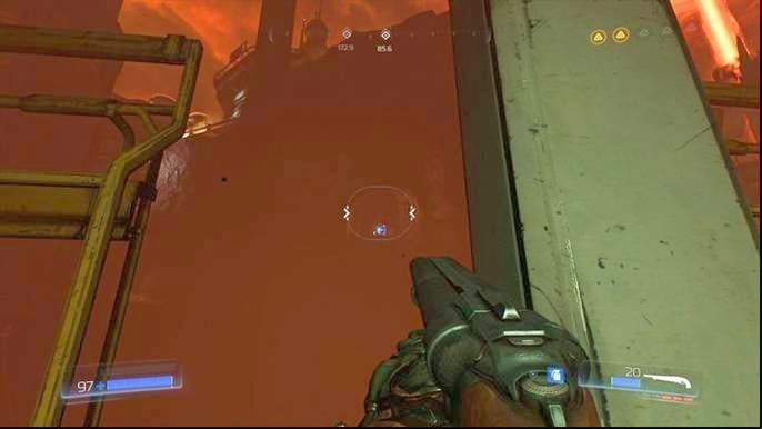 Turn around after completing the first Rune Trial and stick to the left edge of the rock - Doom: All secrets in Destroyed Argent Facility - Secrets - Doom Game Guide & Walkthrough