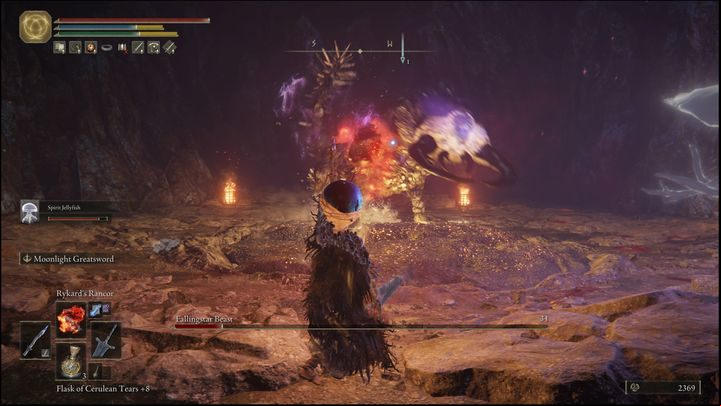 In addition to the linear charge, which it uses several times, the boss can stick its head into the ground, then launch a few boulders at you - Elden Ring: How to beat Fallingstar Beast? - Caelid - Elden Ring Guide