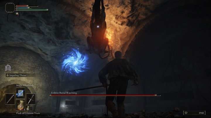 Start running forward when the boss is very close to you and is in the air - Elden Ring: How to beat Burial Tree Watchdog? - Limgrave - Elden Ring Guide