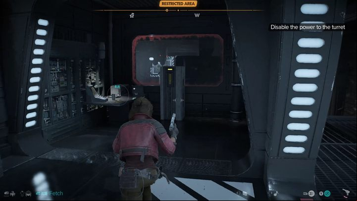 Go to the other side of the room, hiding behind covers, jump into the ditch and stand next to the red barrier - Star Wars Outlaws: The Droidsmith - walkthrough - Akiva - Star Wars Outlaws Guide