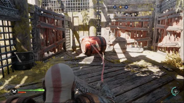 Open the door, jump down and set fire to another barrel to unlock the way further into the platform - God of War Ragnarok: Althjofs Rig, Svartalfheim - secrets, collectibles - Svartalfheim - God of War Ragnarok Guide