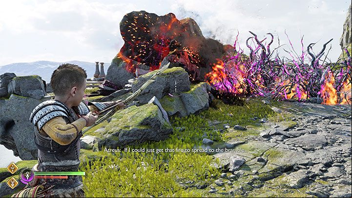 A wall of bushes will block your way - unlocking the way forward involves a simple puzzle - God of War Ragnarok: The Runaway - walkthrough - Walkthrough - God of War Ragnarok Guide