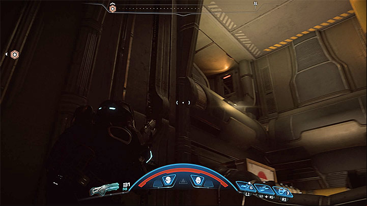 Look around and find the age, presented in the picture above, that leads to the upper level (you must jump to reach it) - Liam Kosta: All In (loyalty mission) | Allies and Relationships - Allies and Relationships quests - Mass Effect: Andromeda Game Guide