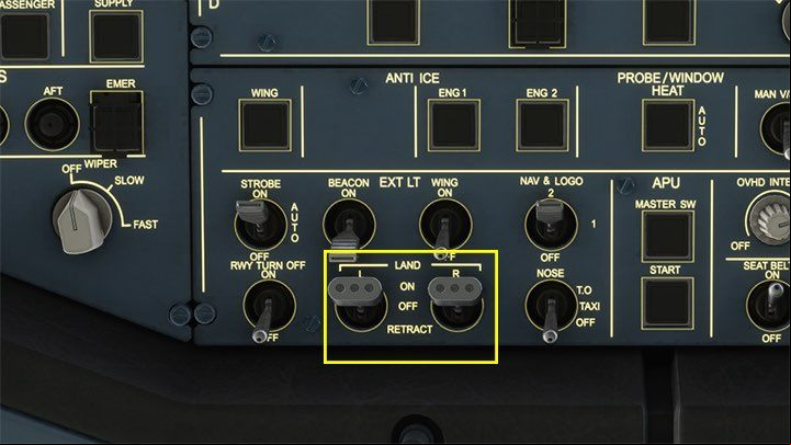 Preparations for landing begin already from the descent to 10,000 feet, when the LAND L and R-ON lights turn on - Microsoft Flight Simulator: ILS landing - enger aircraft - Example flight - Microsoft Flight Simulator 2020 Guide