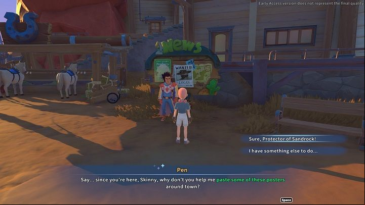 You'll get this quest from Pen, who is trying to keep order in the town and ensure the safety of its inhabitants - My Time at Sandrock: Wanted! - walkthrough - Side missions - My Time at Sandrock Guide, Walkthrough