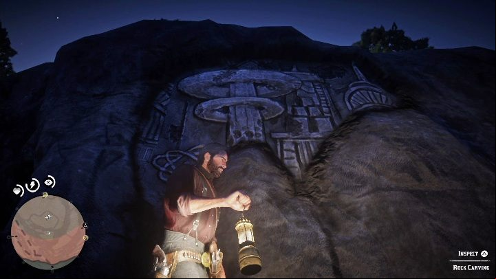 The Carving is located on a rock exactly at the pathway - Red Dead Redemption 2: Rock carvings - where to find all of them? Maps - Dinosaur bones and Rock Carvings - Red Dead Redemption 2 Guide