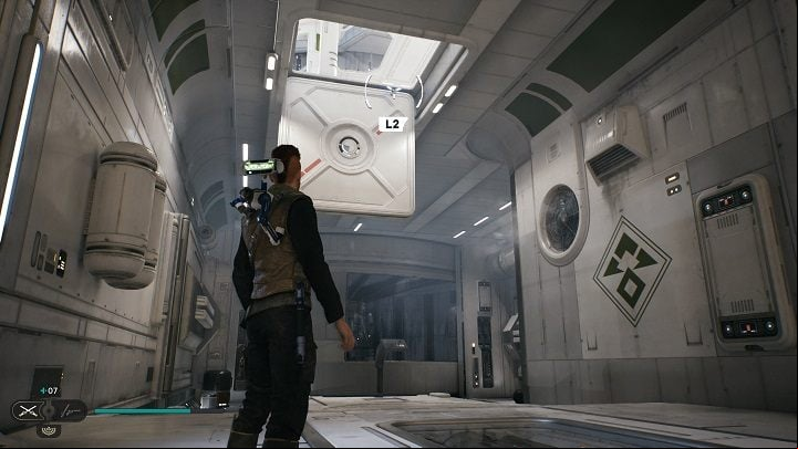 Starting from the meditation point in the Diagnostics Corridor, walk a bit ahead and you will see a circular room with a fuse in the center and a hatch at the top - Jedi Survivor: Observation Deck - list of secrets - Koboh - Star Wars Jedi Survivor guide