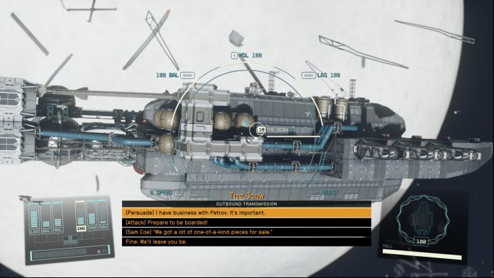 The peaceful option involves convincing the crew of the Scow to let you on board - Starfield: No Sudden Moves - walkthrough - Main missions - Starfield Guide