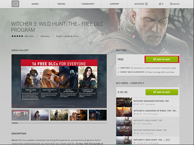 Wait for a new card to open and add the DLCs to your cart - The Witcher 3 Wild Hunt: How to install free DLC add-ons? - Frequently Asked Questions (FAQ) - The Witcher 3 Wild Hunt Guide