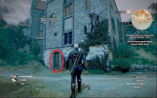 You have to enter the building shown on the picture above and go downstairs (possible only if you approach this building from the south), and to its basement by following an entrance to your right - The Witcher 3 Wild Hunt: Enhanced Cat School Gear - Cat School Gear - The Witcher 3 Wild Hunt Guide